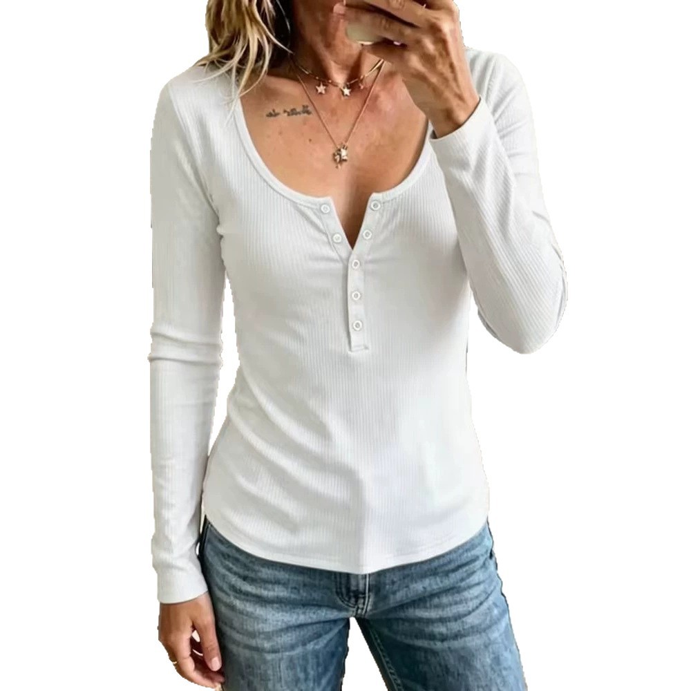 Solid Color Long Sleeve V-Neck Buttoned Slim Fit Ribbed Knit Top