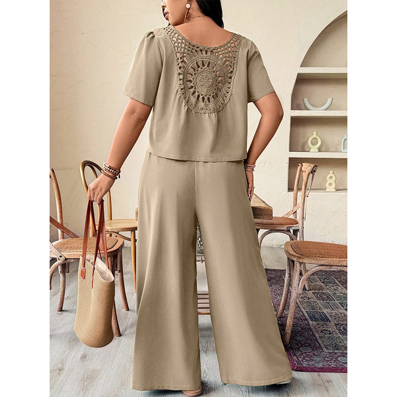 Plus Size Khaki Tie-Front V-Neck Back Cutout Top and Wide-Leg Pants Set
