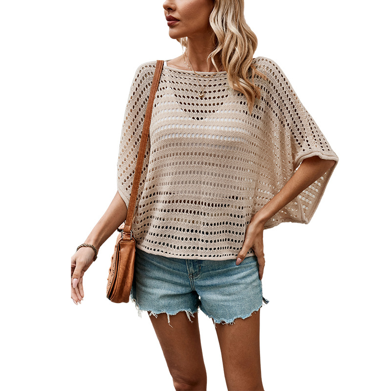 Women's Round Neck Hollow-Out Short Sleeve Knit Top