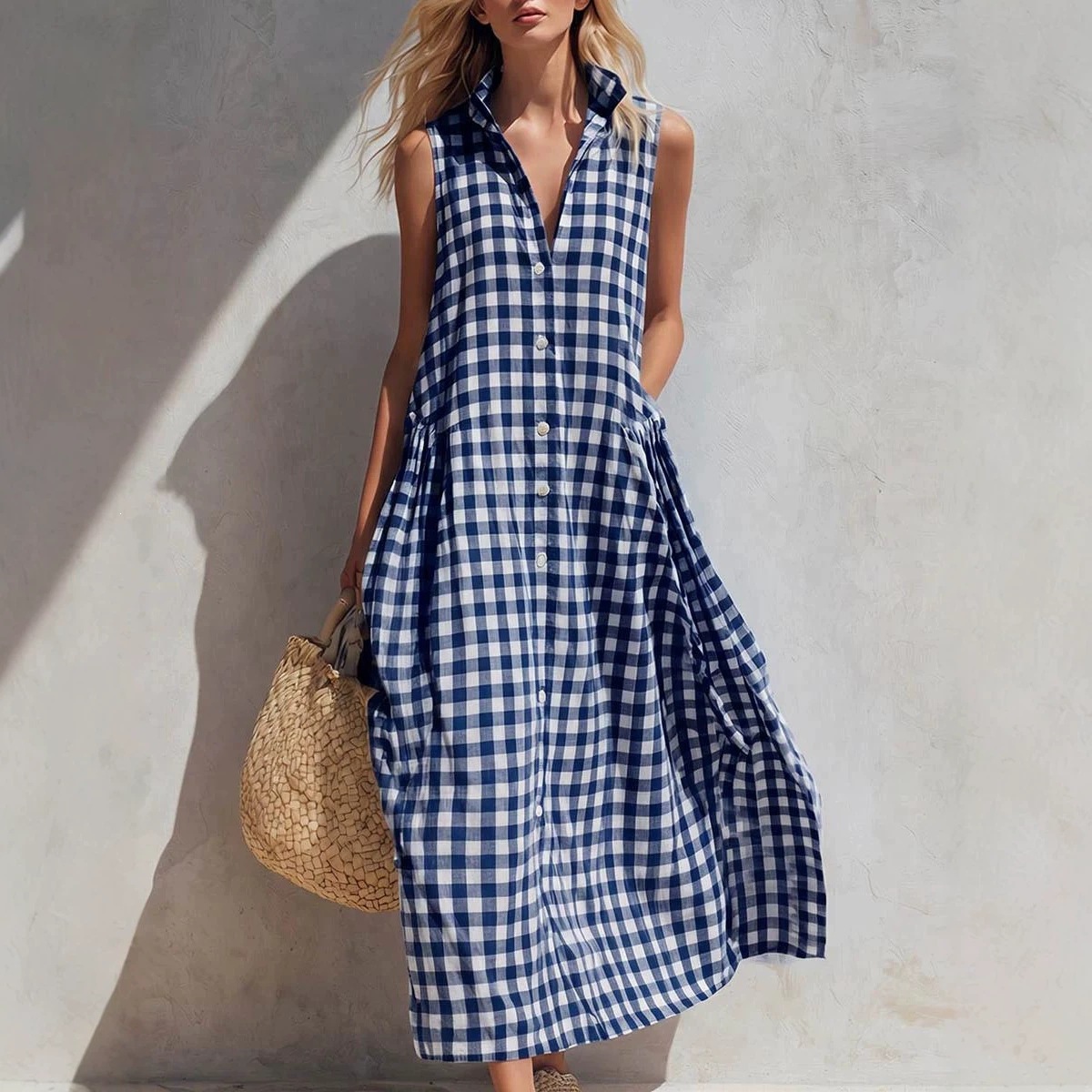 Sleeveless Plaid Maxi Dress – Loose Fit Stand Collar Beach Vacation