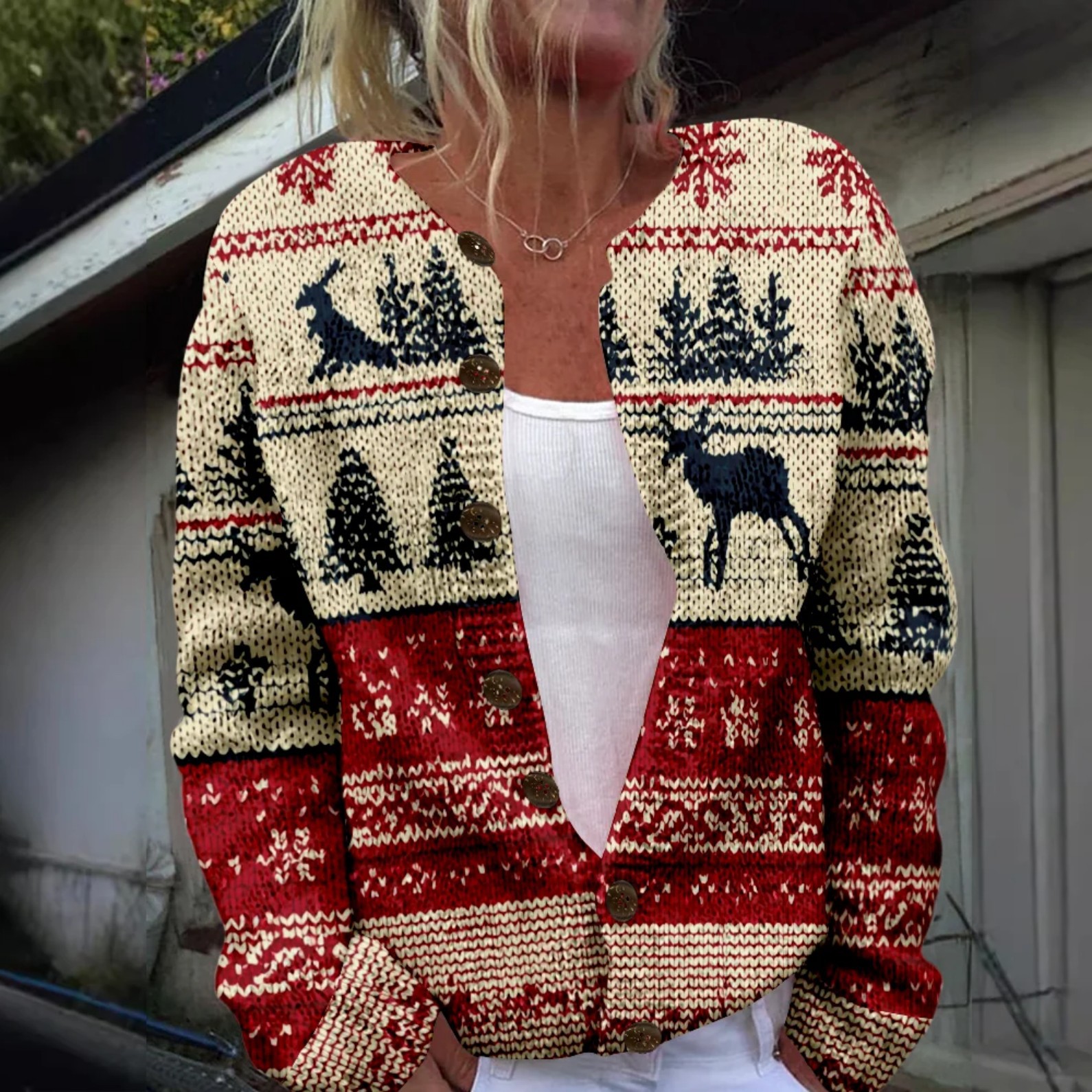 Women's Christmas Santa Print Button Cardigan Sweater