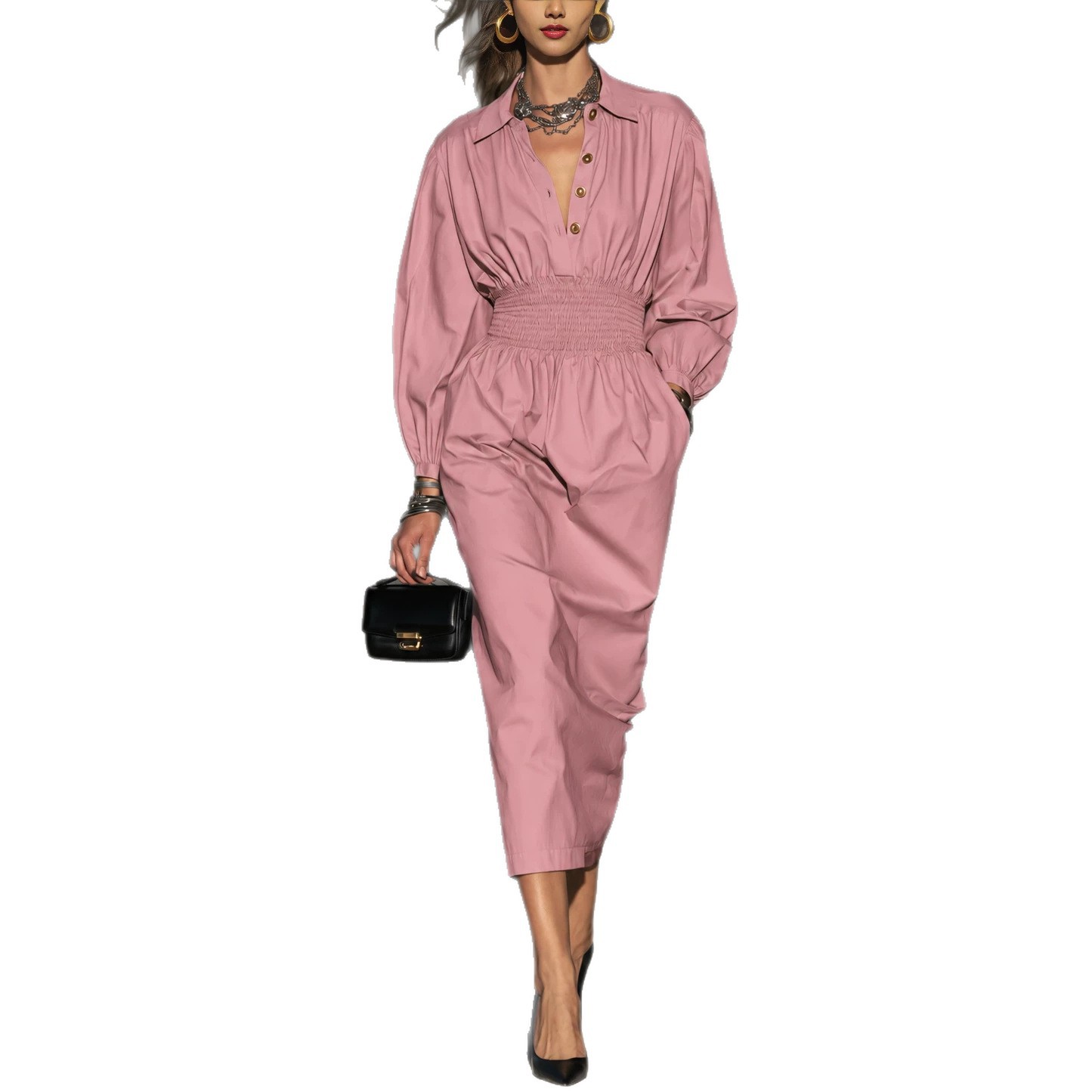 Collared Button Waist-Cinched A-Line Midi Dress