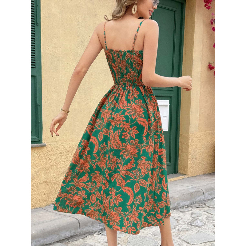 Sleeveless Slip Dress with Twist Front, Faux Suede, Long Length, Floral Print