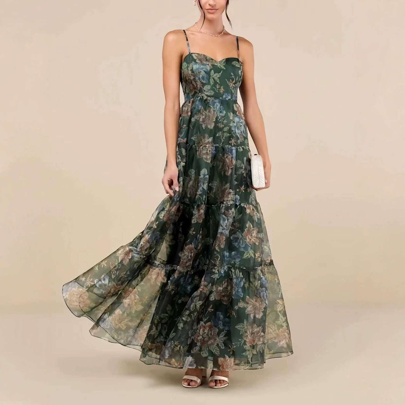 Dark Green Vintage Floral Print Sleeveless Tiered Maxi Dress with Flowy Mesh