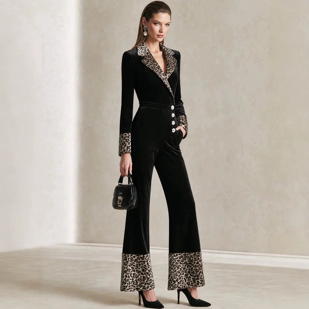Leopard Print Long Sleeve Long Pants Jumpsuit
