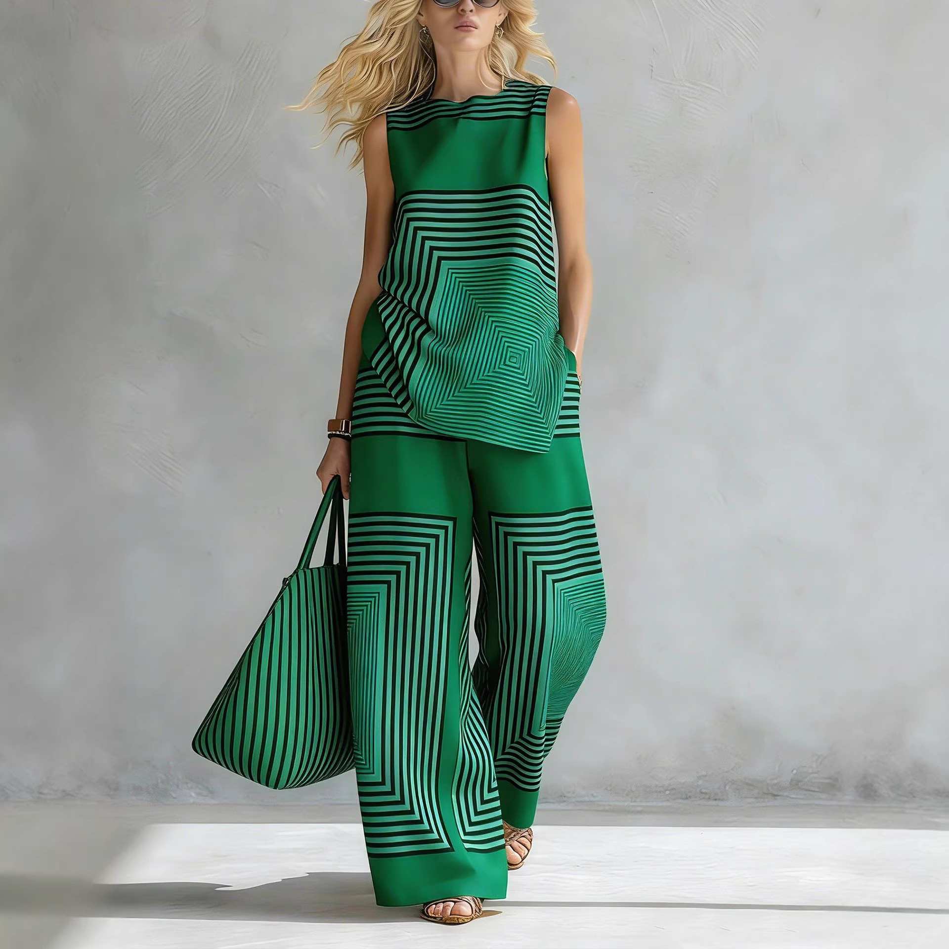 Women's Lightweight Geometric Sleeveless Top and Wide-Leg Pants Set