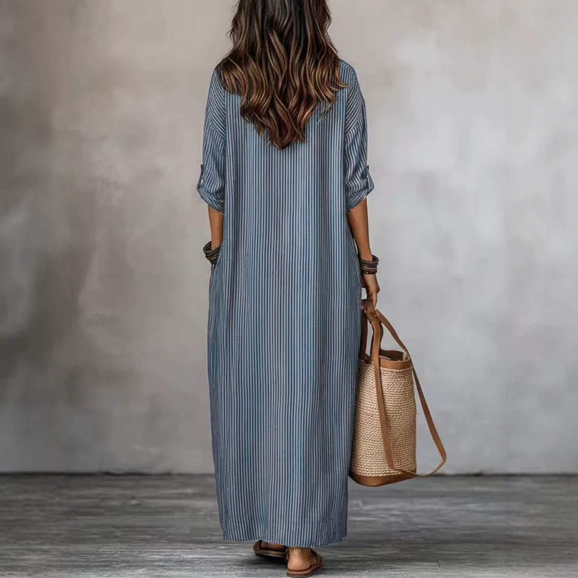 V-Neck Striped Loose Casual Dress
