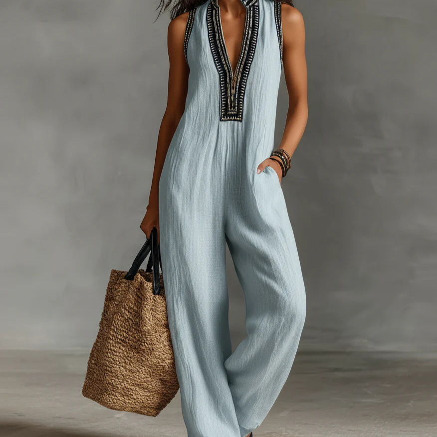 Women's Sleeveless Jumpsuit with Zip and Stand Collar