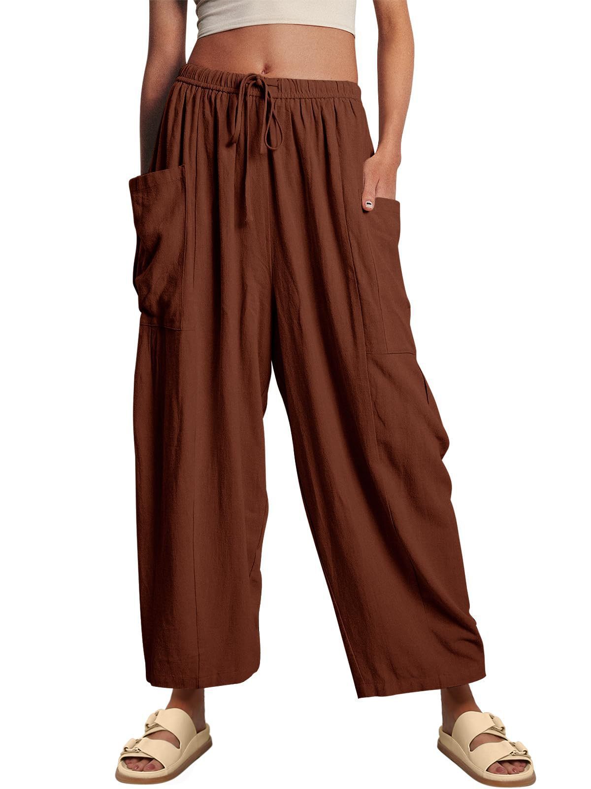Women's Pleated Straight-Leg Cropped Pants with Elastic Waist