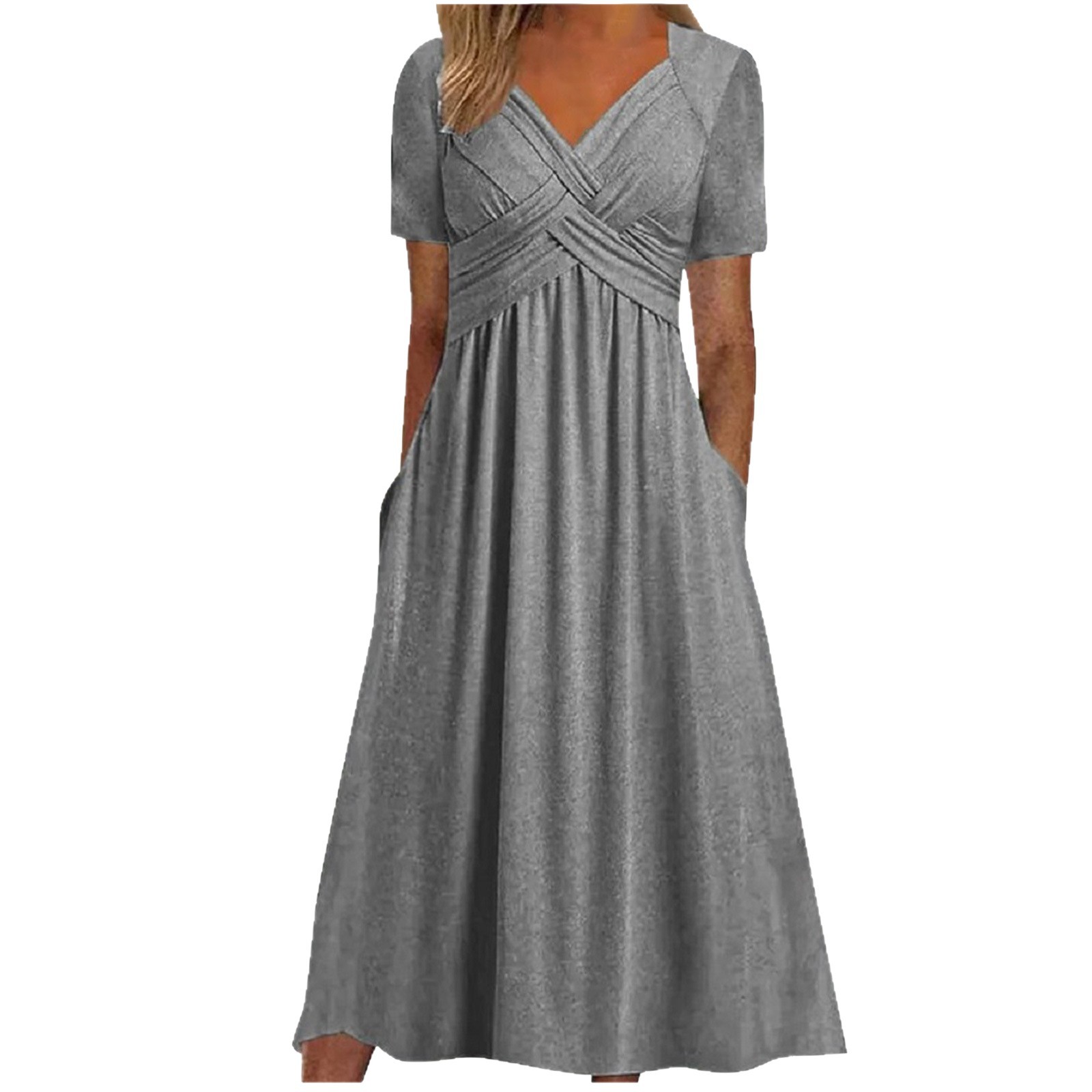 Women's Summer Short Sleeve V-Neck Midi Dress Solid Pleated Pullover