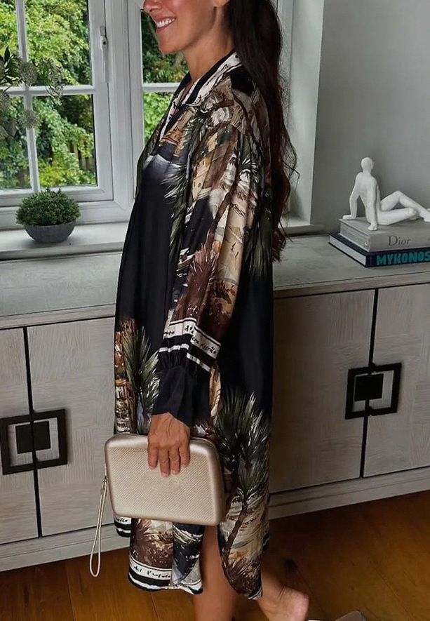 Women's Floral Print V-Neck Long Sleeve Loose Casual Dress
