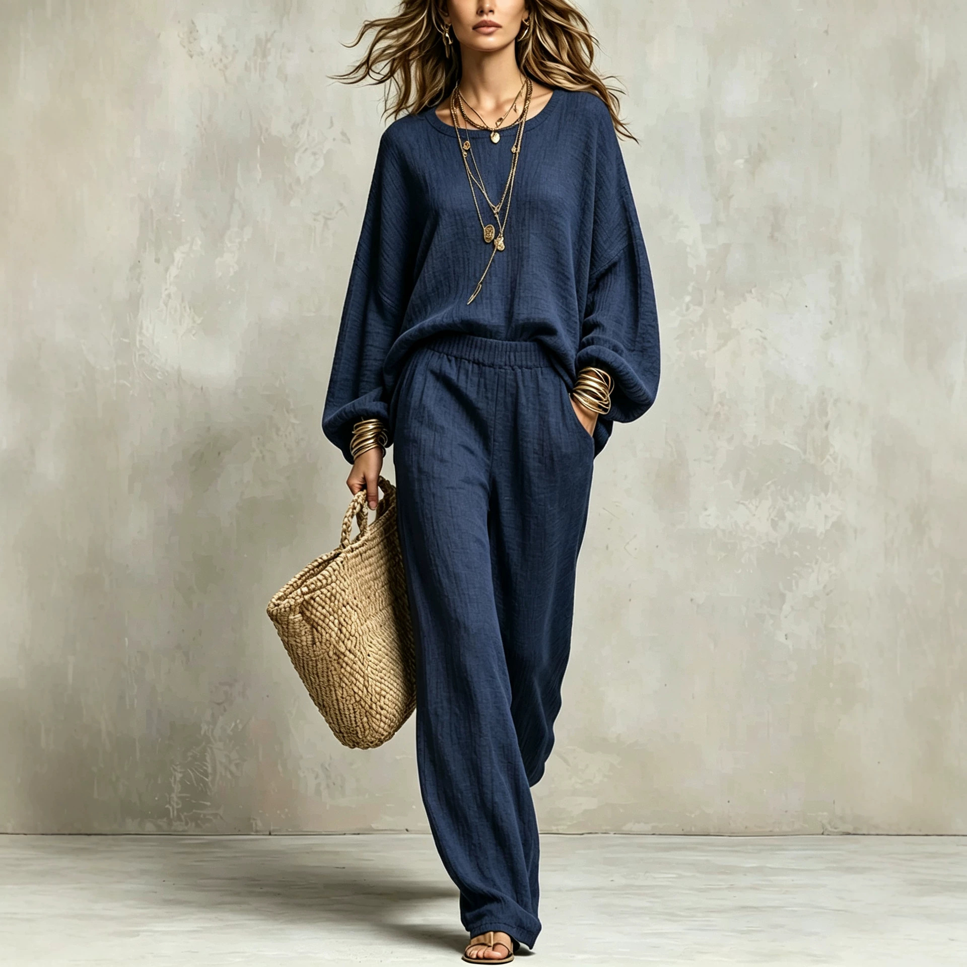 Double-Layer Crinkled Linen Two-Piece Set with Loose Sleeves and High-Waist Wide-Leg Pants