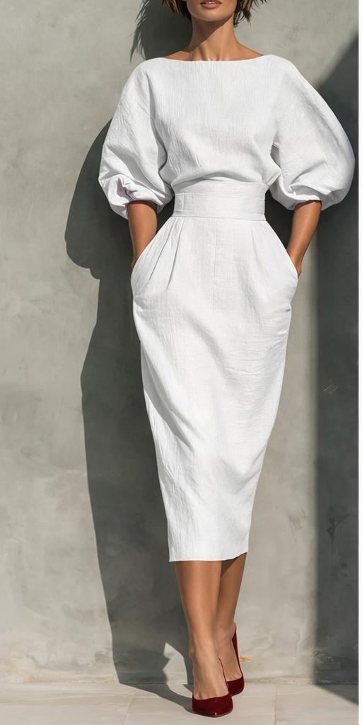 Plus Size Cotton-Blend Midi Dress with Round Neck and Puff Sleeves