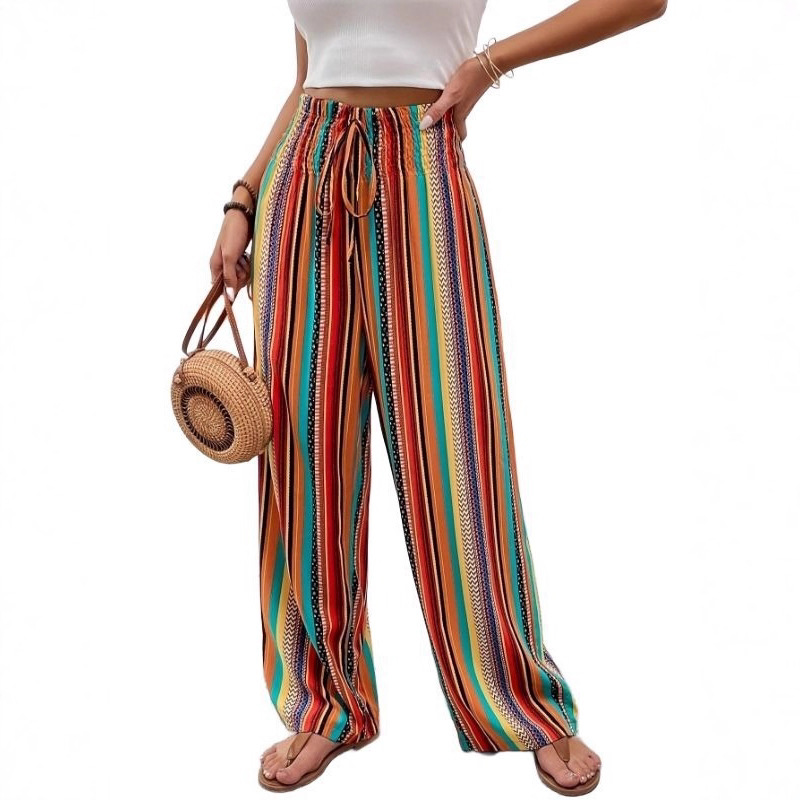 Women's Striped Wide-Leg Casual Pants with Elastic Waist