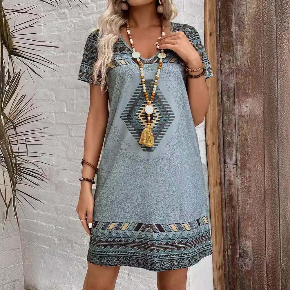 Floral V-Neck Short Sleeve Midi Dress