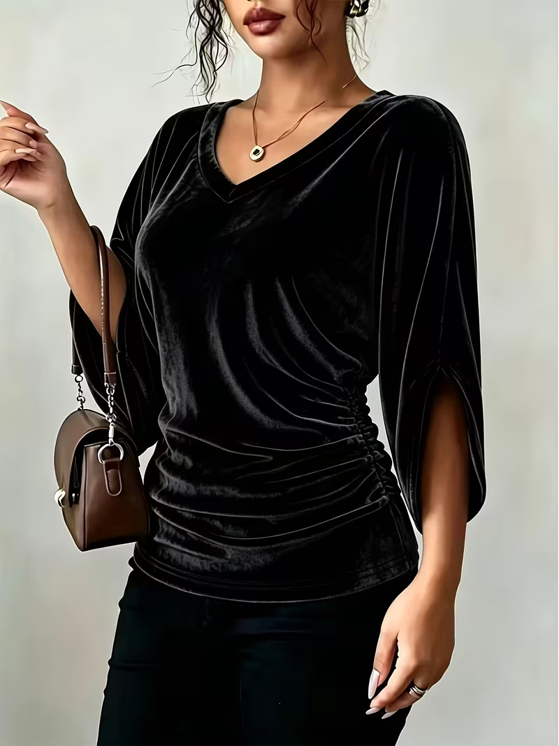 Women's Velvet V-Neck Batwing Sleeve Top