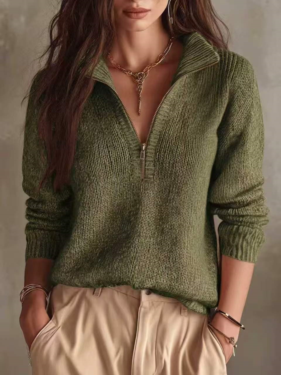 Slim-Fit Half-Zip Knit Pullover Solid Color Casual Top