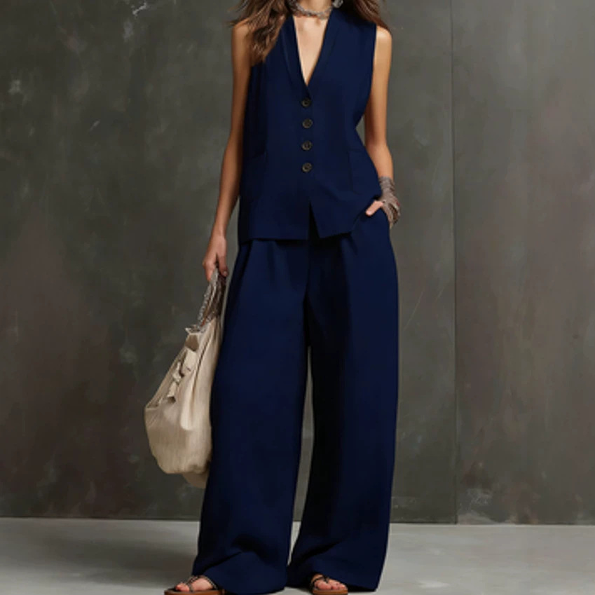 Women's Linen Sleeveless Vest & Wide-Leg Pants Set