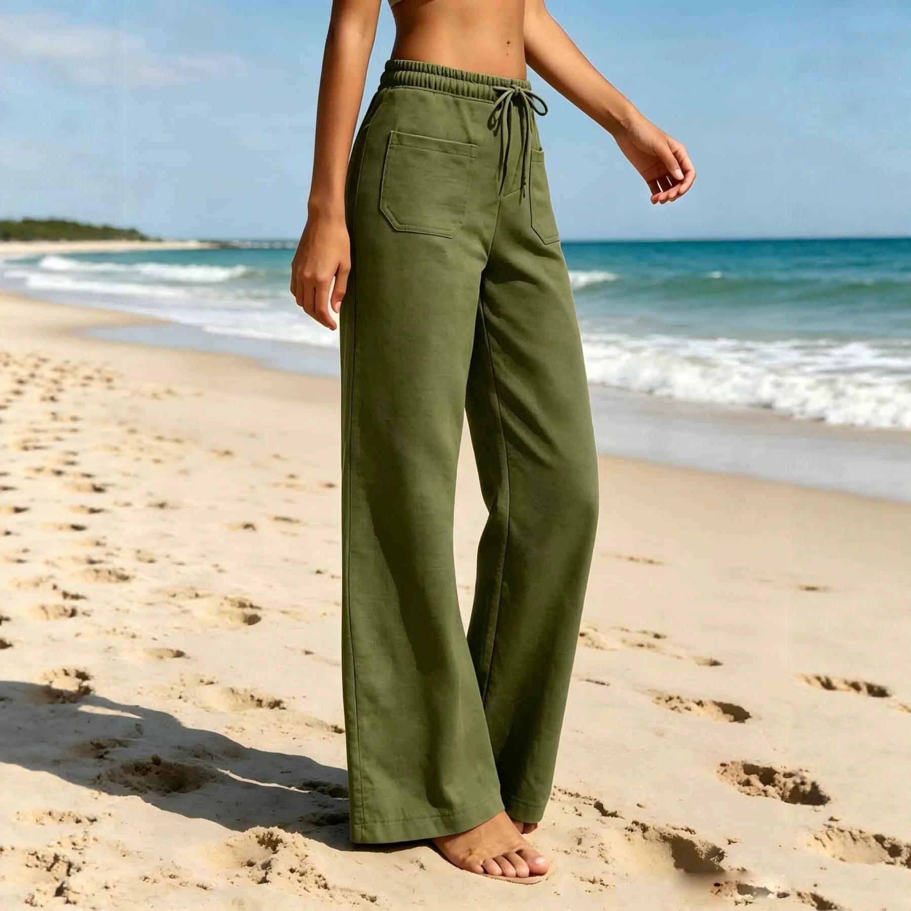 Women's Solid Straight-Leg Drawstring Pants with Pockets
