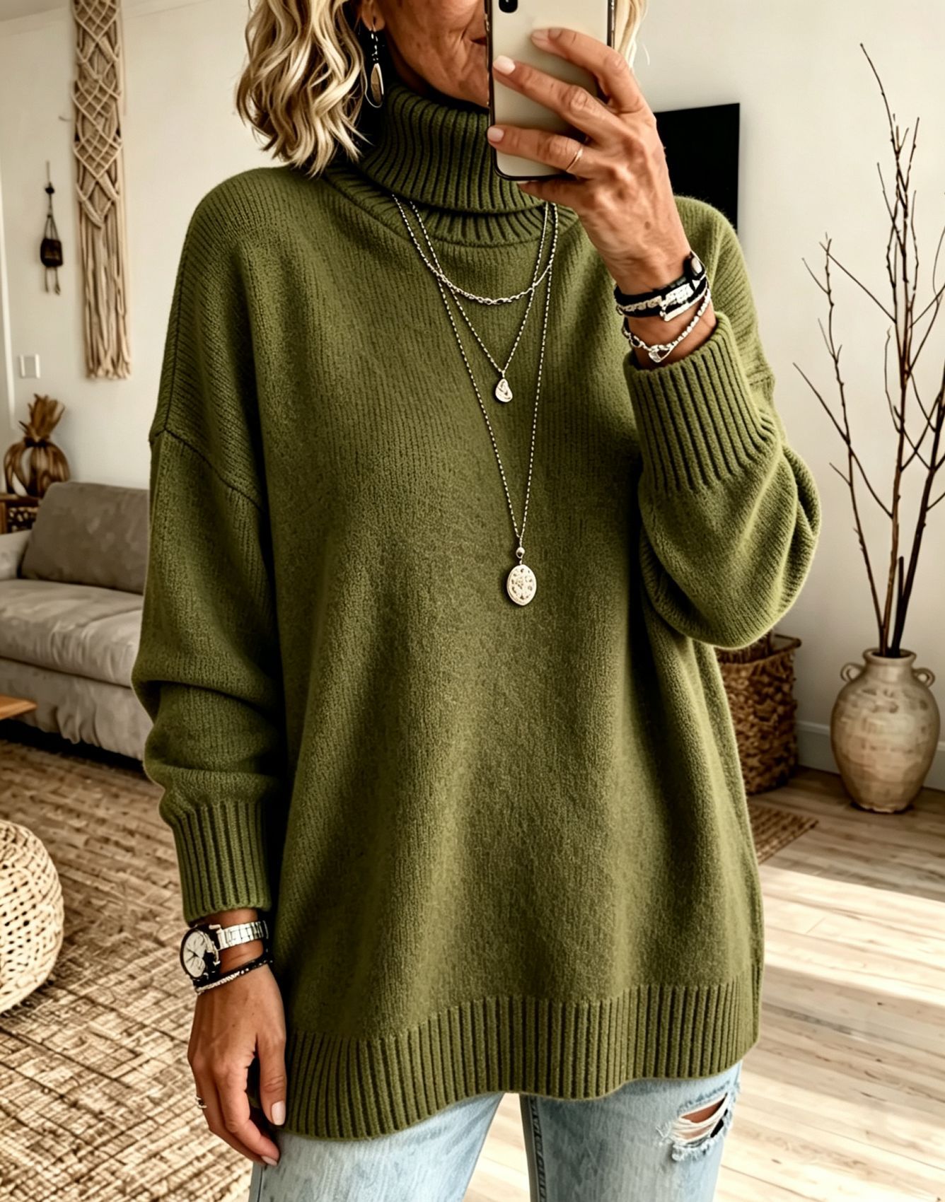 Women's Turtleneck Sweater Loose Knit Pullover Soft Thickened Base Layer
