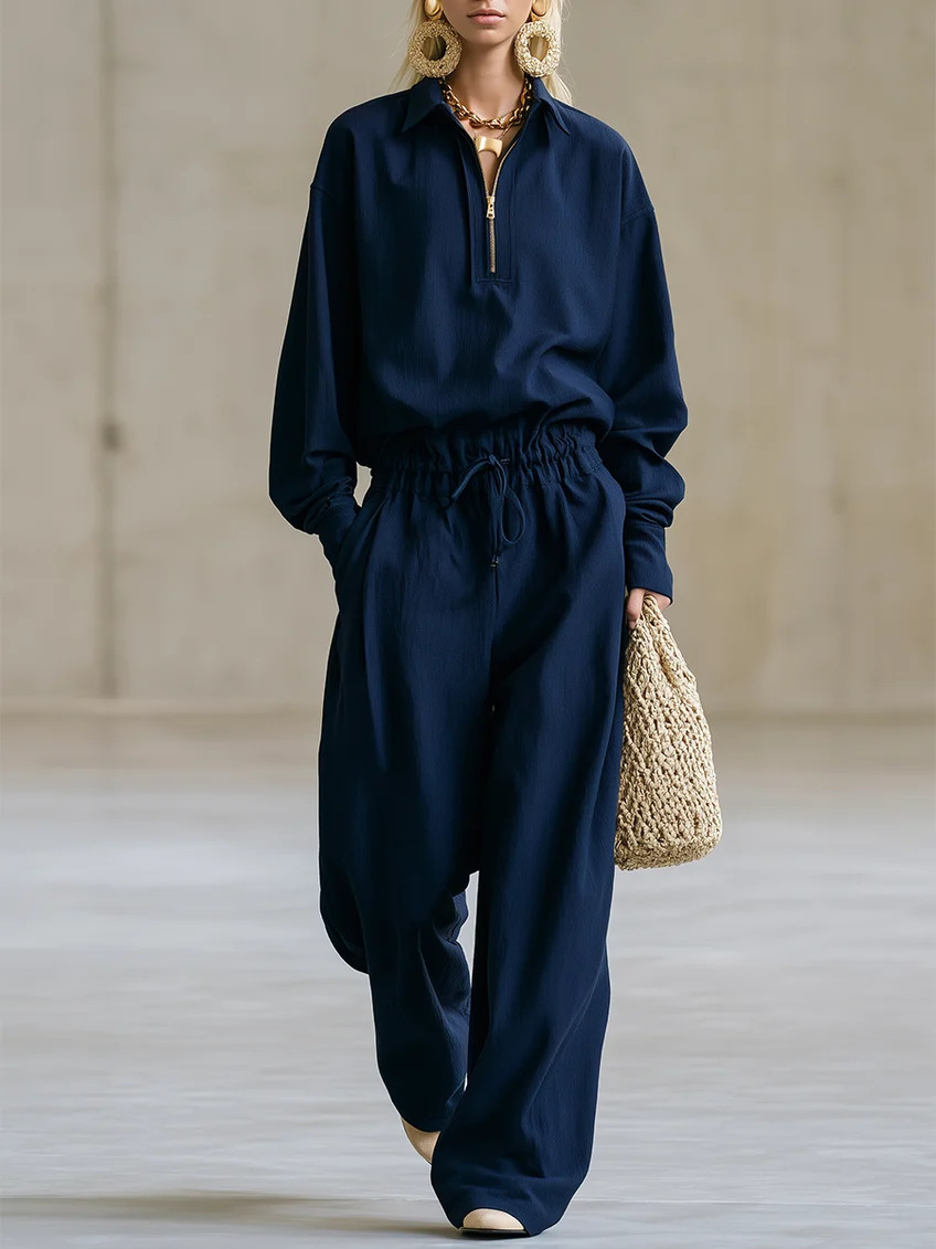 Solid Color Long Sleeve Drawstring Hoodie & Wide Leg Pants Set