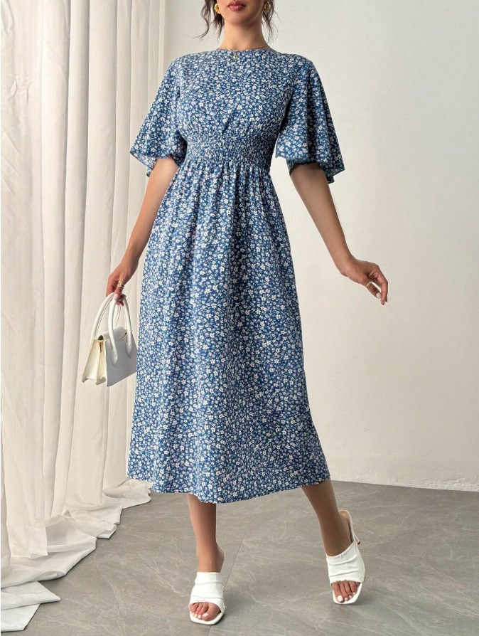 Women's Floral Pleated Midi Dress with Ruffle Sleeves and High Waist