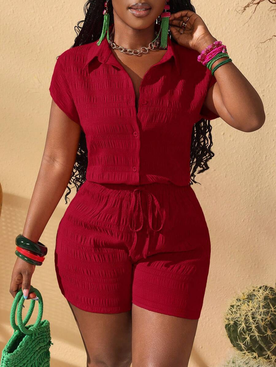 Stand Collar Button Short Sleeve Shirt and Shorts Set