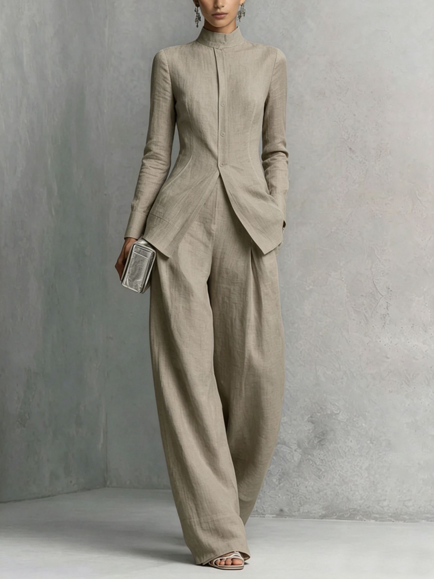 Women's French Stand Collar Long Sleeve Fitted Shirt and Wide Leg Pants Set Minimalist Two-Piece
