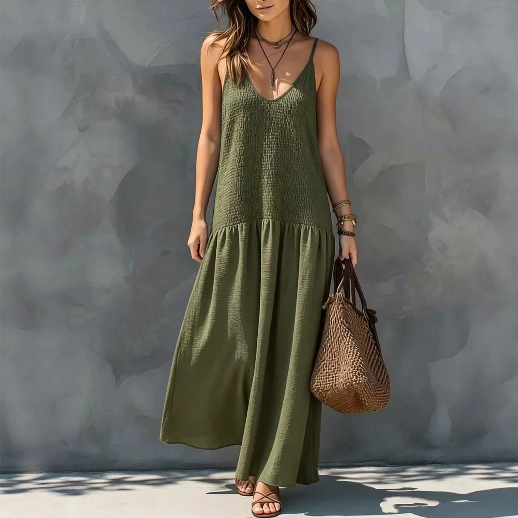Women's Smocked Sleeveless A-Line Maxi Dress