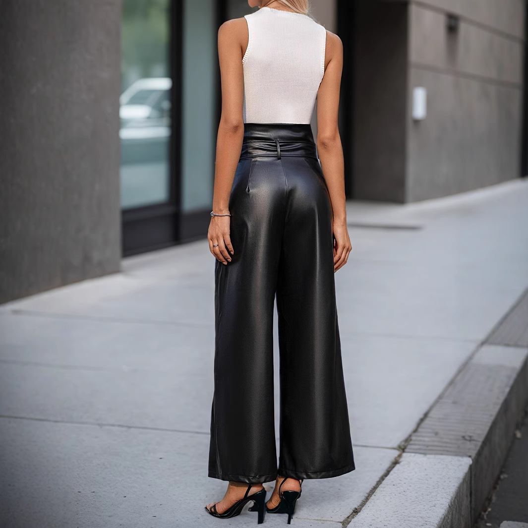 Women's High-Waist Wide-Leg PU Leather Pants with Belt and Zipper