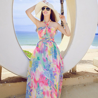 Floral Chiffon Halter Off-Shoulder Maxi Dress