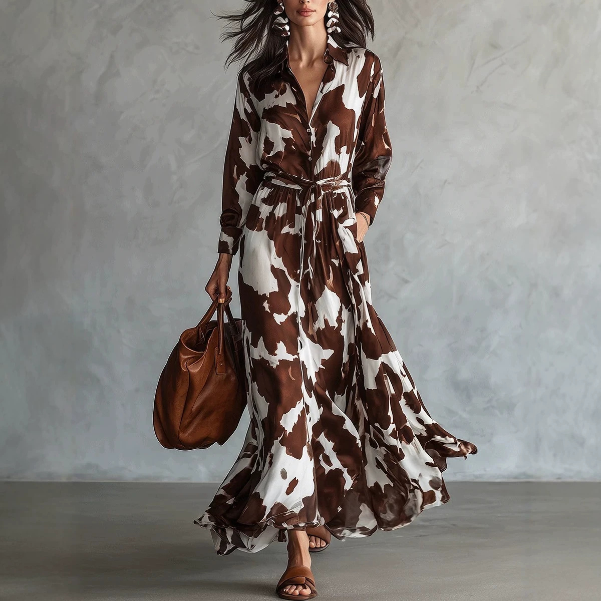 Brown Cow Print Long Sleeve V-Neck High Waist Maxi Dress