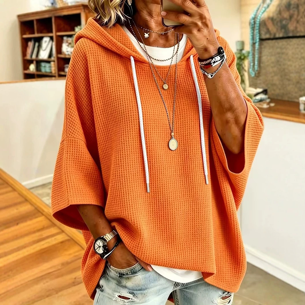Women's Waffle Knit Hooded Drawstring Sweatshirt Casual Loose Fit
