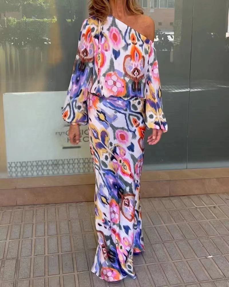 Women's Floral Print Long Sleeve Off-Shoulder Top and Mermaid Maxi Skirt Set