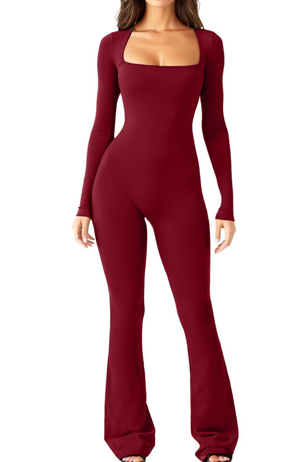 Women's Long Sleeve Square Neck Wide Leg Jumpsuit with Tummy Control and Butt Lifting