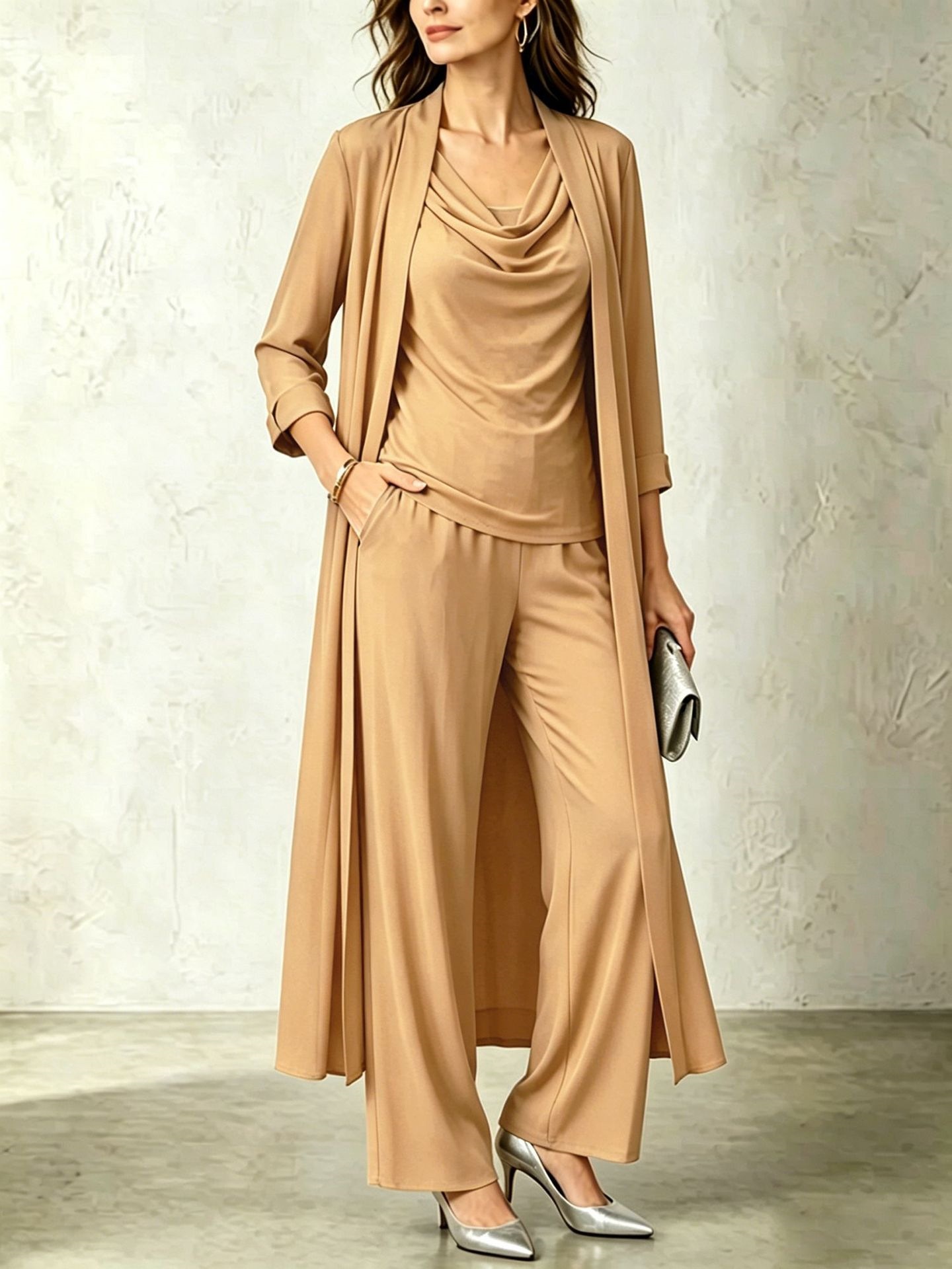 Minimalist Long Sleeve Draped Neck Cardigan and Pants Three-Piece Set
