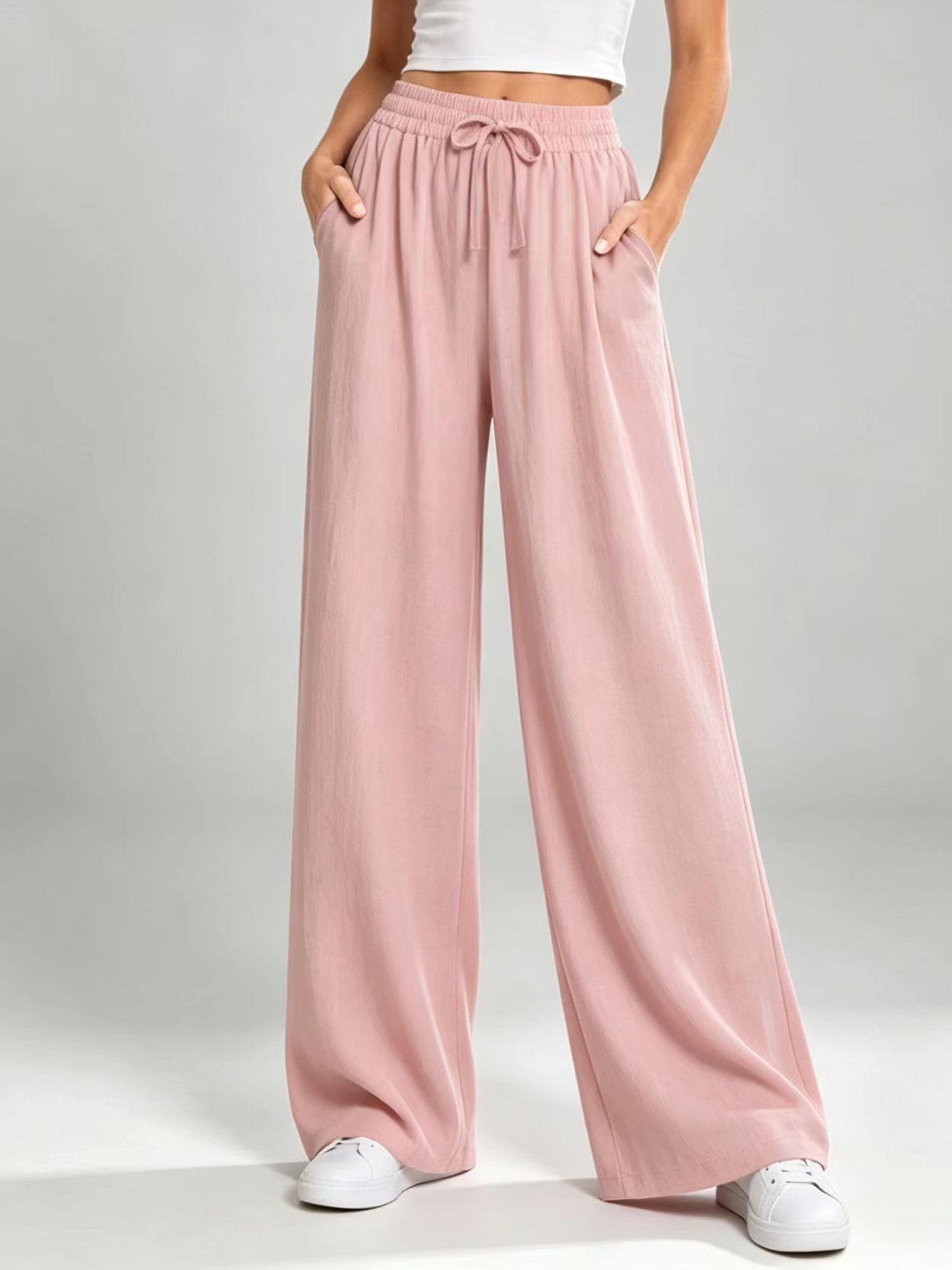 Drawstring High-Waist Straight-Leg Wide-Leg Pants for Women Solid Color