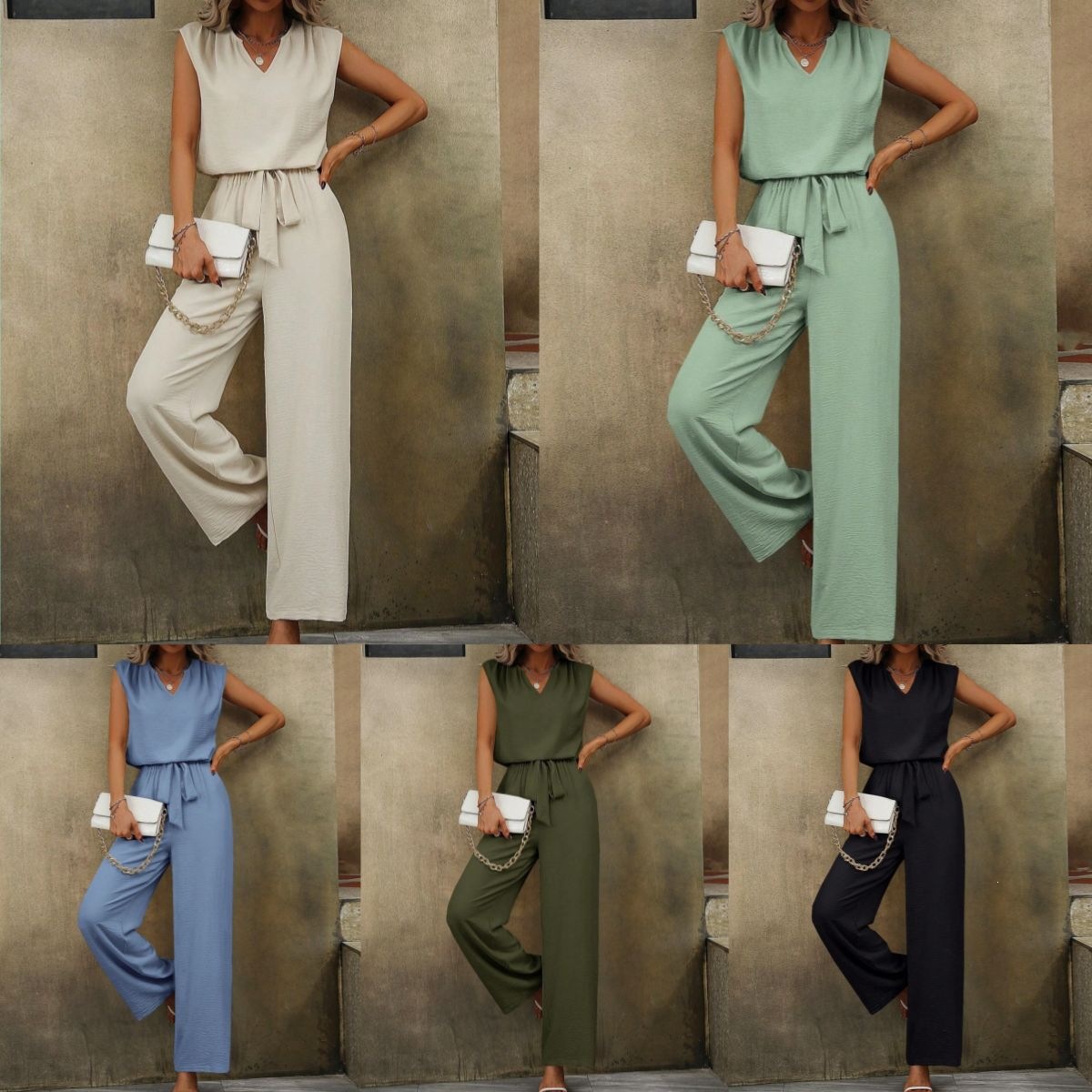 Solid Sleeveless V-Neck Loose Top and Tie-Waist Wide-Leg Pants Casual Women's Set
