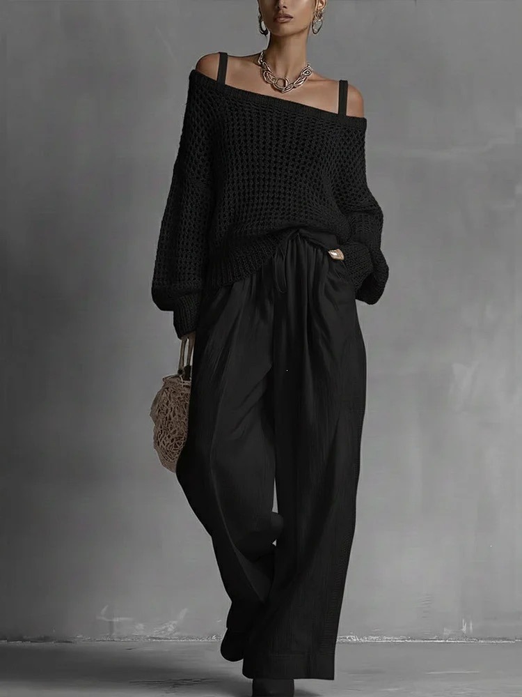 Women's Open-Knit Top and Cotton-Linen Pants Two-Piece Set