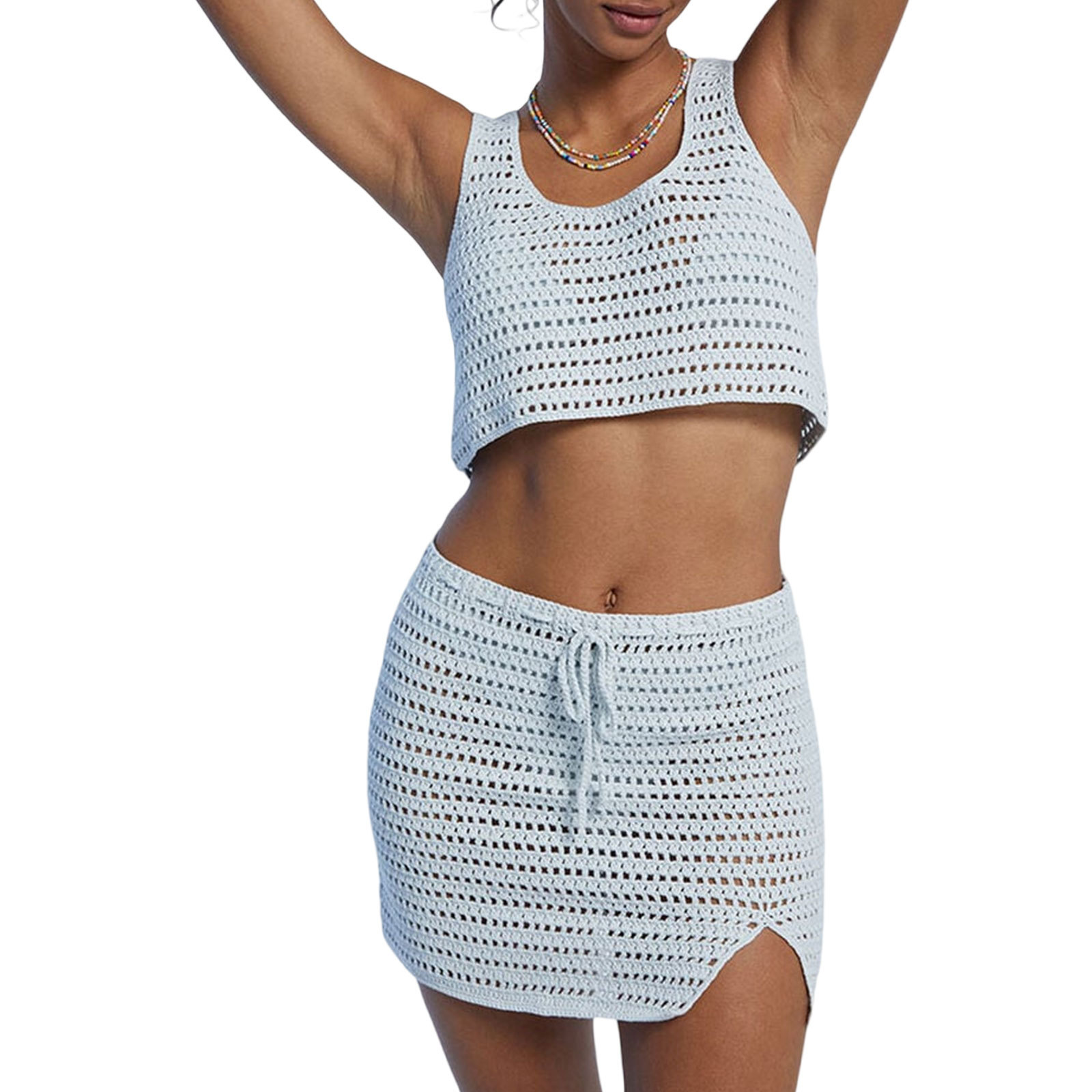 Women's Sleeveless Crop Top and Slit Mini Skirt Two-Piece Knit Set