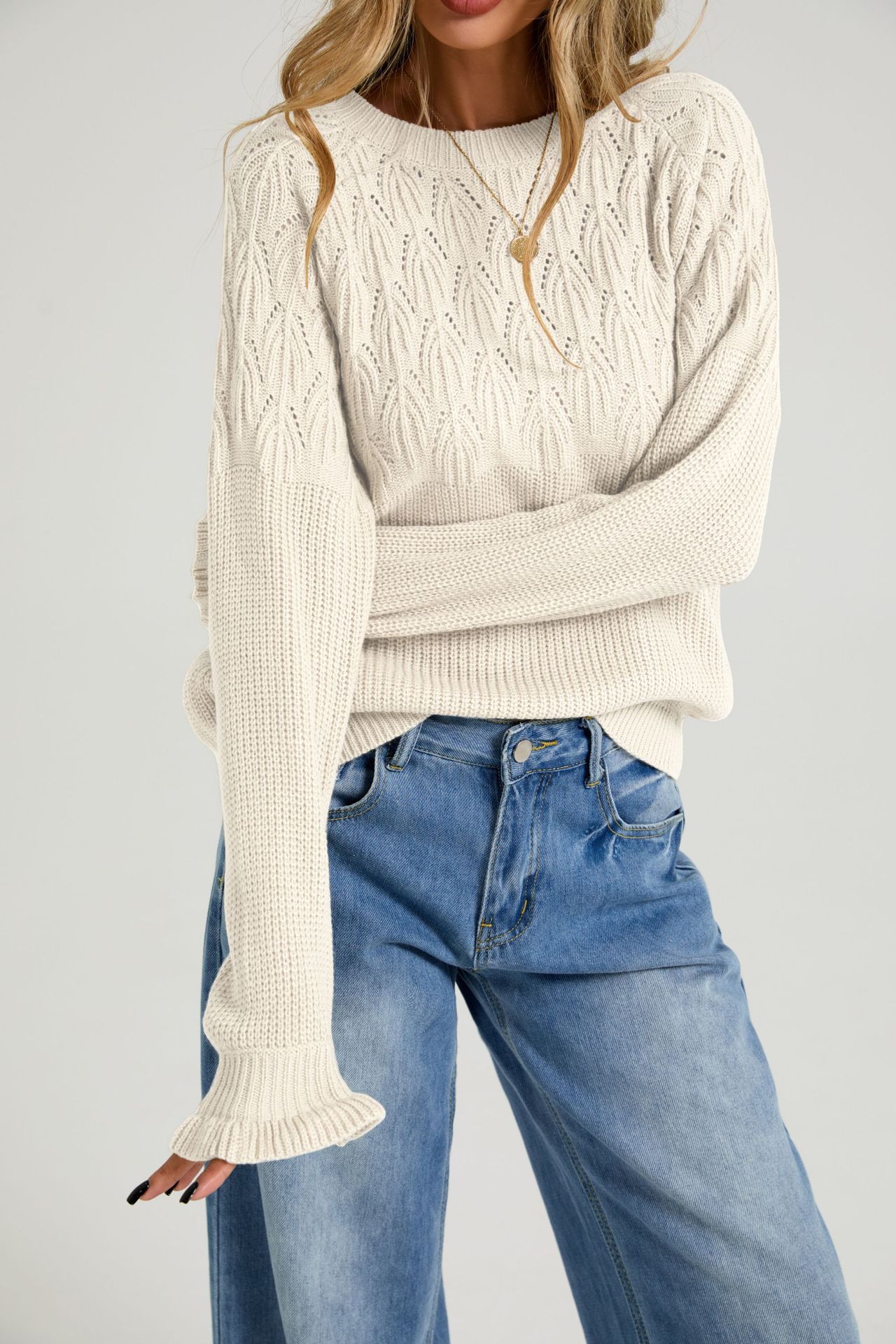 Women's Crewneck Knit Sweater Solid Color Long Sleeve Pullover