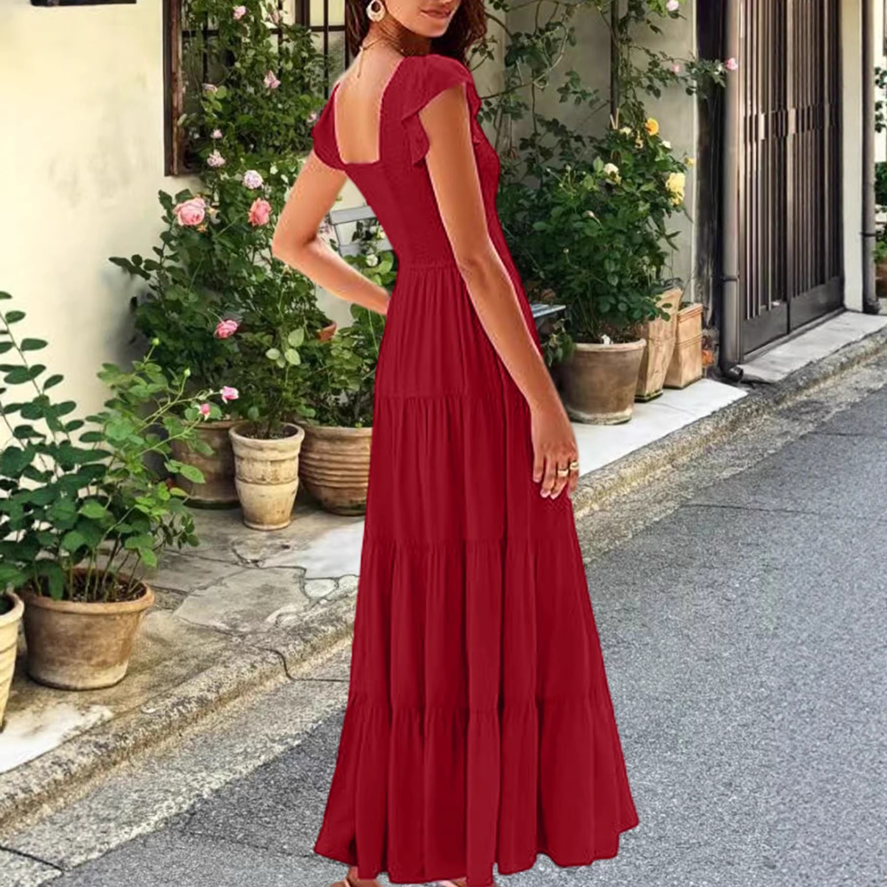 Women's Ruffle Sleeve Smocked A-Line Maxi Dress