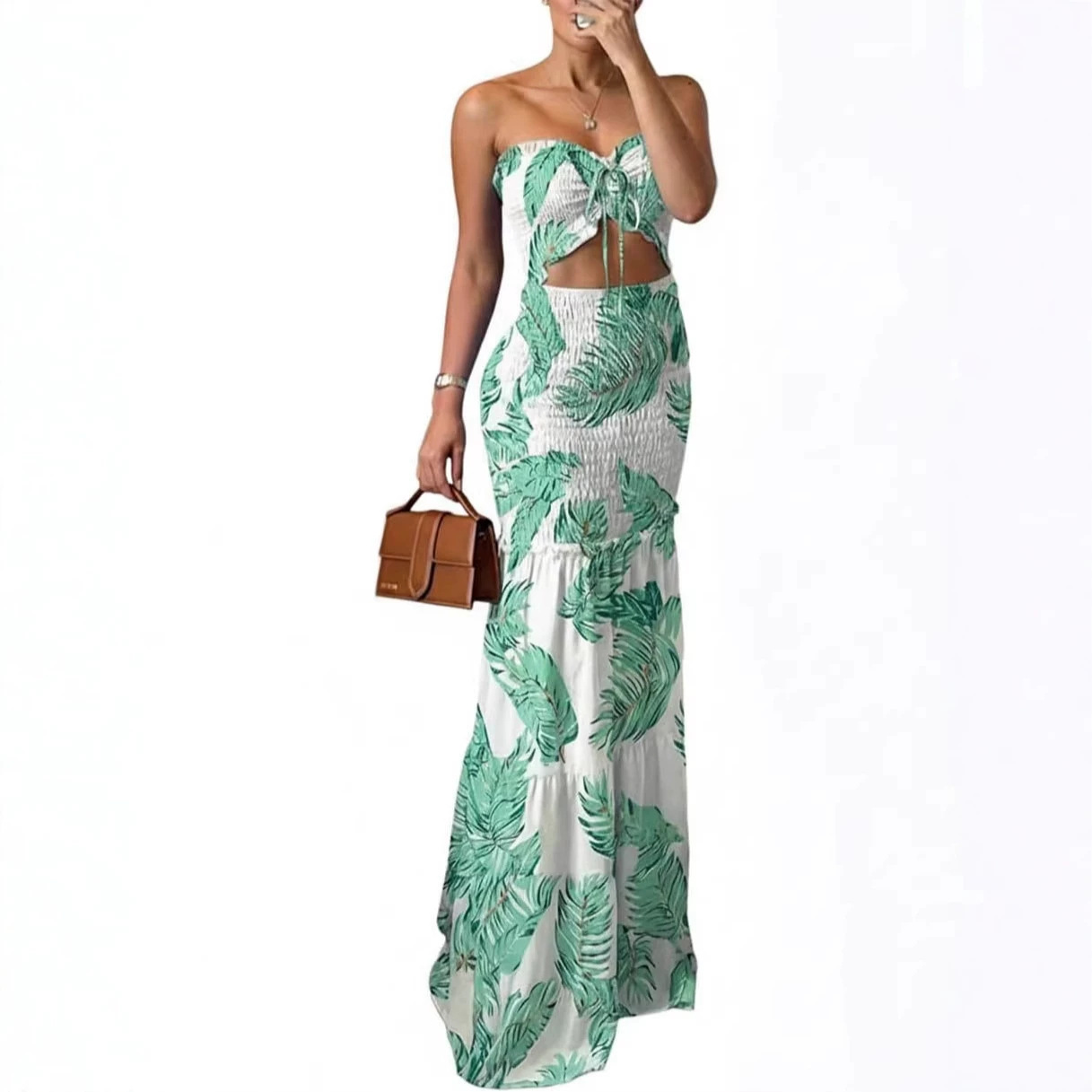 Tropical Print Smocked Tube Top and Ruffle Hem Long Pants Set