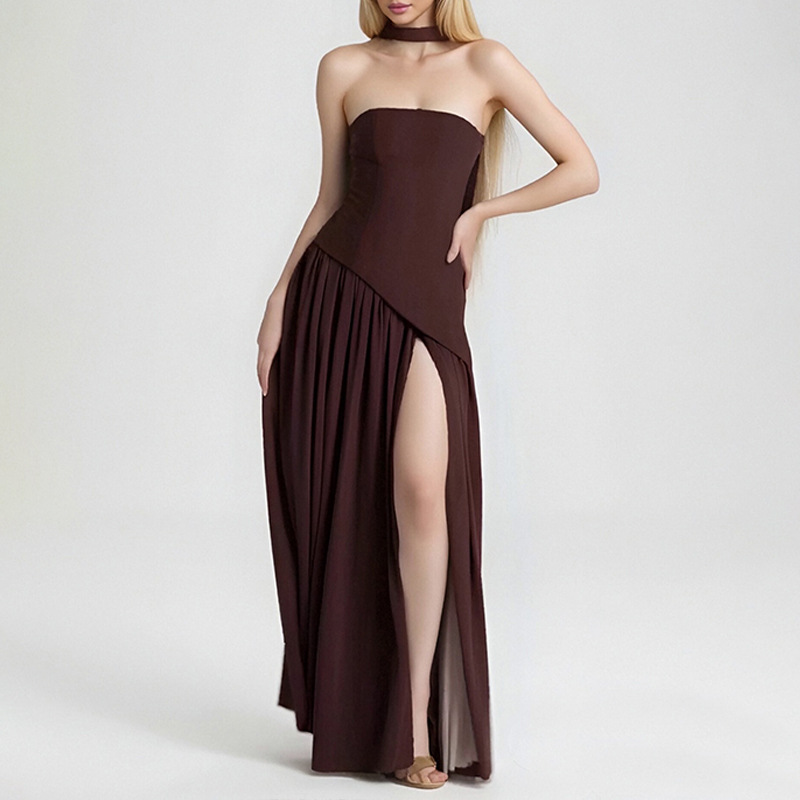 Elegant Slim-Fit Solid Color Waist-Cinched Split French Dress