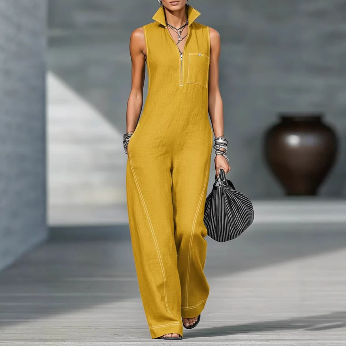 Women's Sleeveless Stand Collar Wide-Leg Jumpsuit