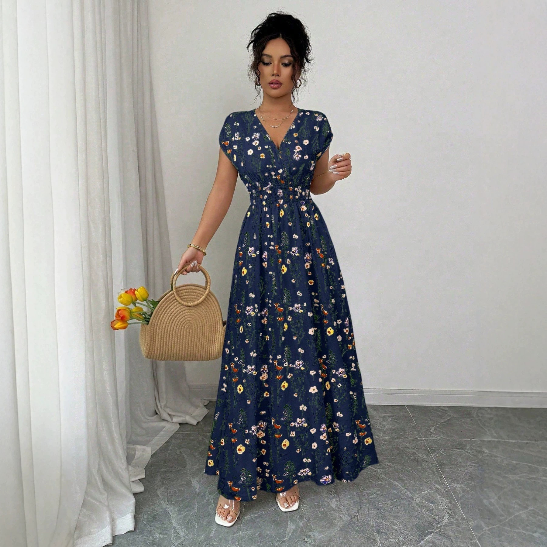 V-Neck Short Sleeve Floral A-Line Midi Dress