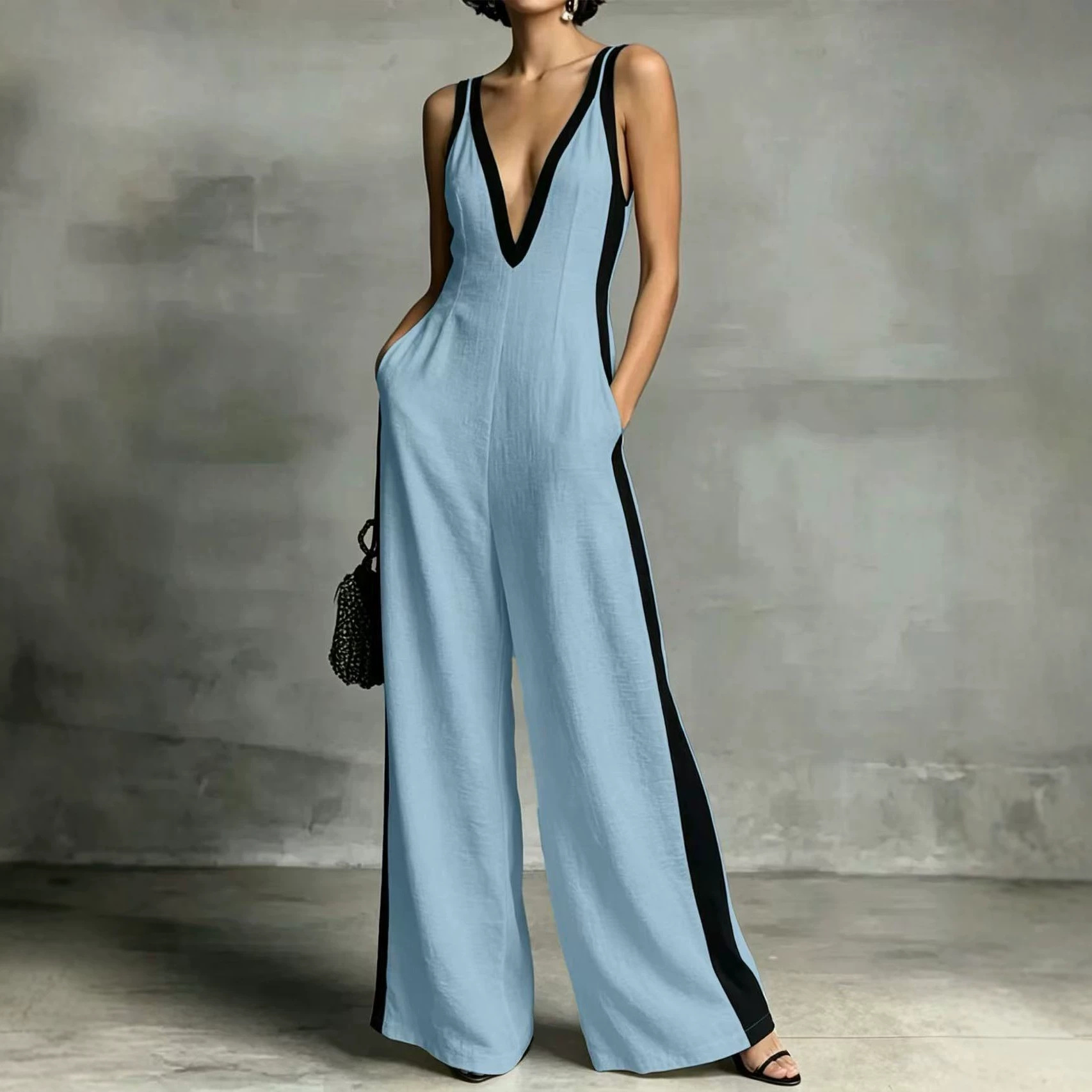 V-Neck Sleeveless Colorblock Wide-Leg Jumpsuit