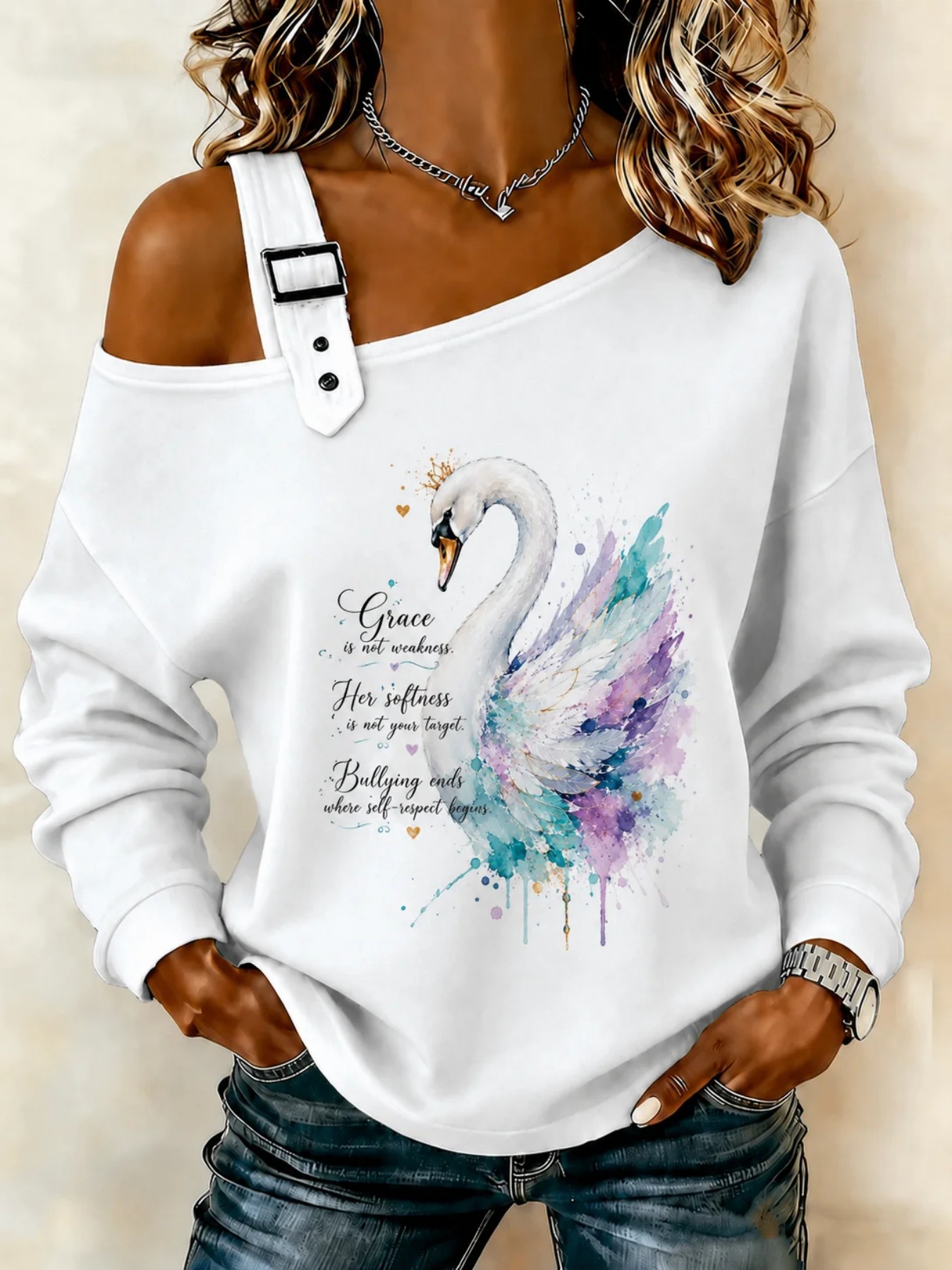 Swan Hummingbird Floral Print Crewneck Long Sleeve Pullover Sweatshirt