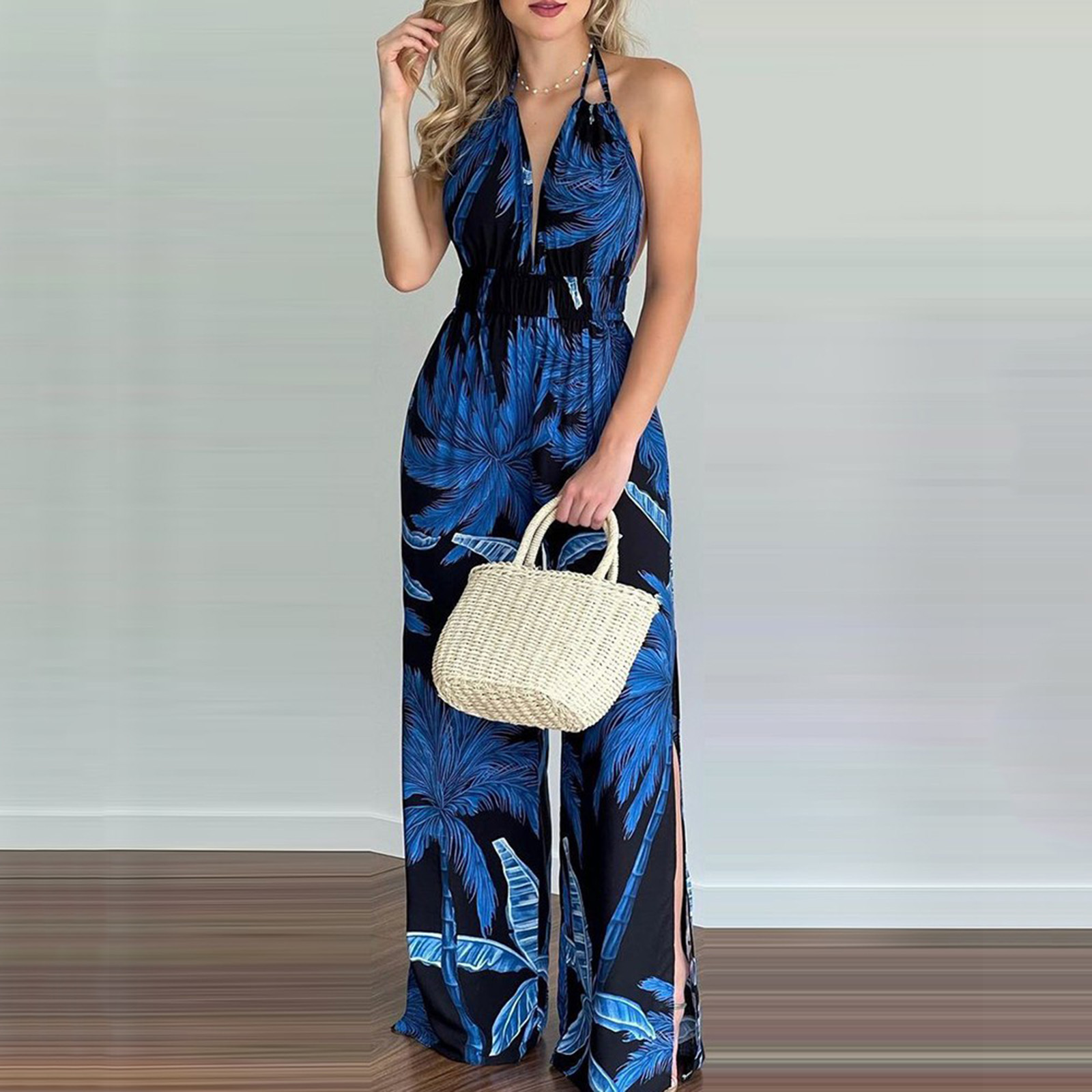Women's Digital Print Sleeveless Jumpsuit with V-Neck and Wide Leg