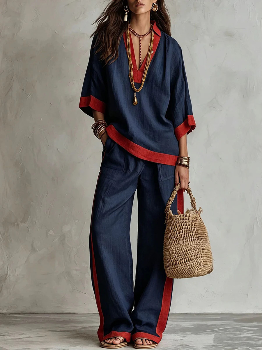 Color-Block Linen-Look V-Neck Top & Wide-Leg Pants Set